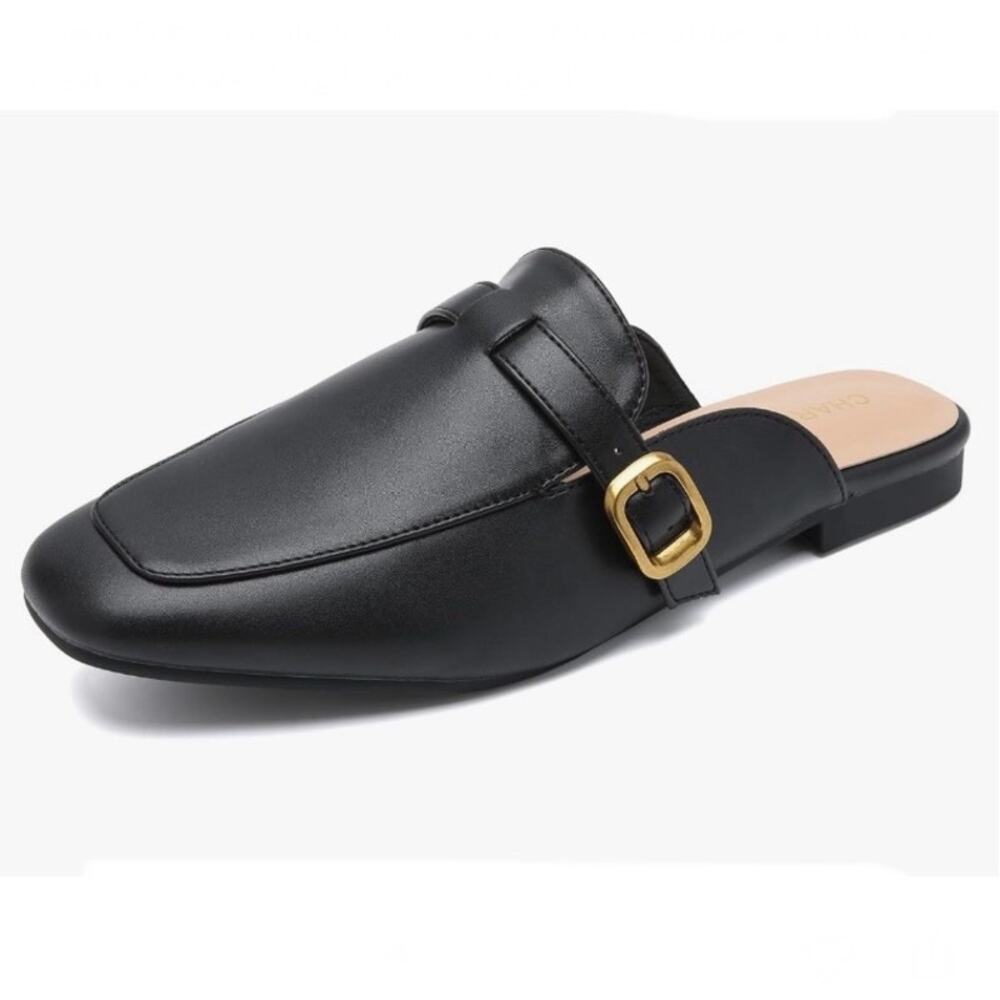 Suede Mules Flats‎ Square Toe Slip On Loafer Slides Shoes w/ Buckle, Black, 8